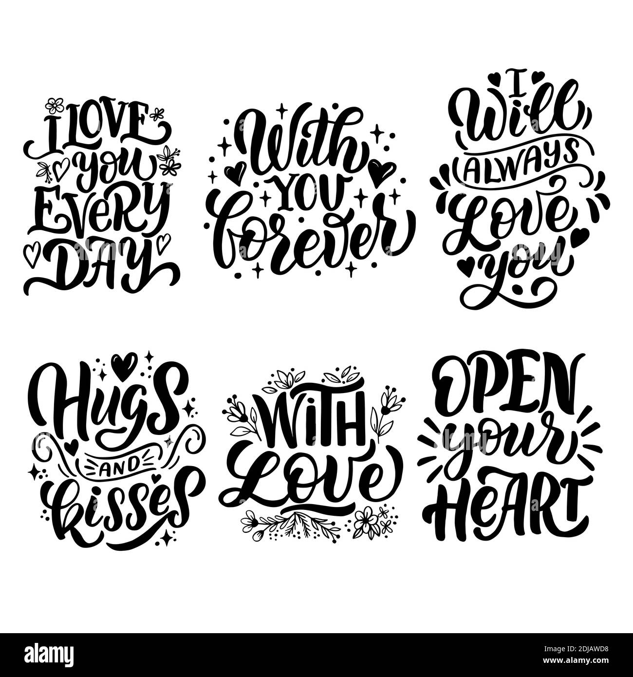 Composizione scritta disegnata a mano per giorno di valentine. Per la progettazione di cartoline, poster, striscioni, stampe per t-shirt, tazze, cuscini, notebook Illustrazione Vettoriale
