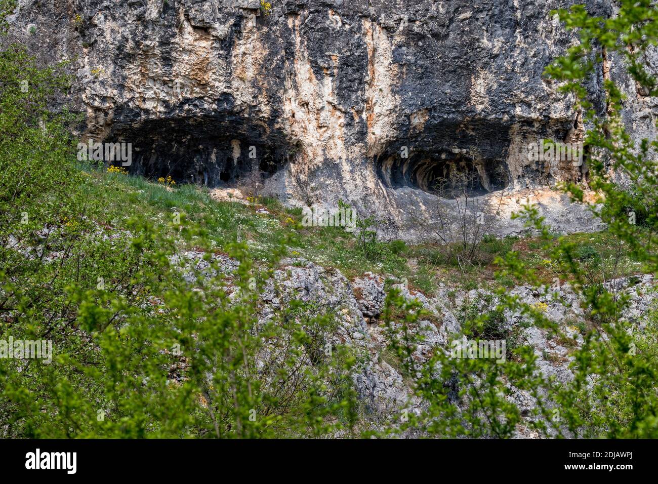 Vista frontale delle grotte carsiche, con la forma di due enormi occhi neri vicino all'ingresso principale della grotta di Prohodna, Bulgaria nordoccidentale Foto Stock