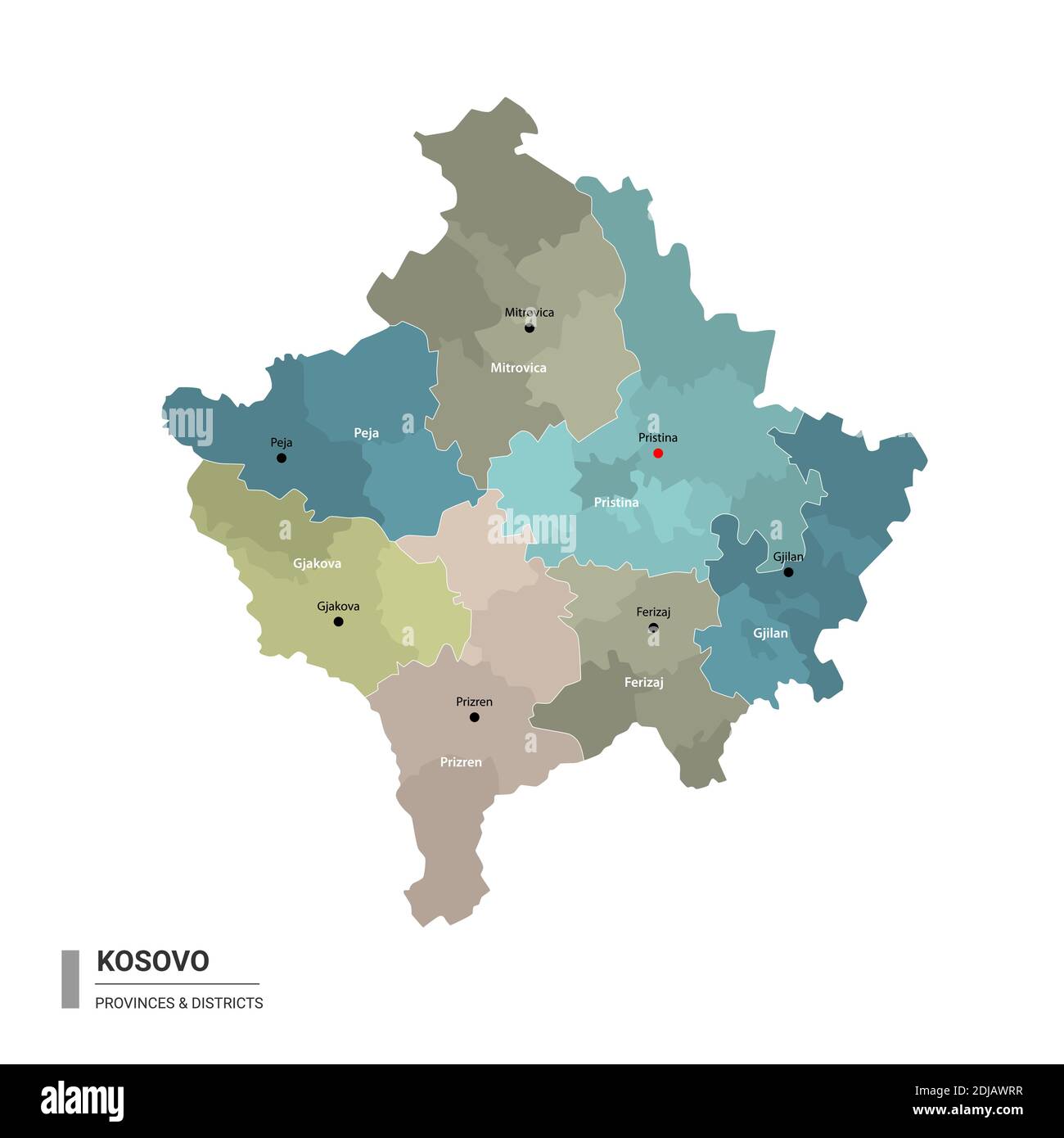 Kosovo ha una mappa dettagliata con suddivisioni. Mappa amministrativa del Kosovo con il nome dei distretti e delle città, colorata per stati e distretto amministrativo Illustrazione Vettoriale