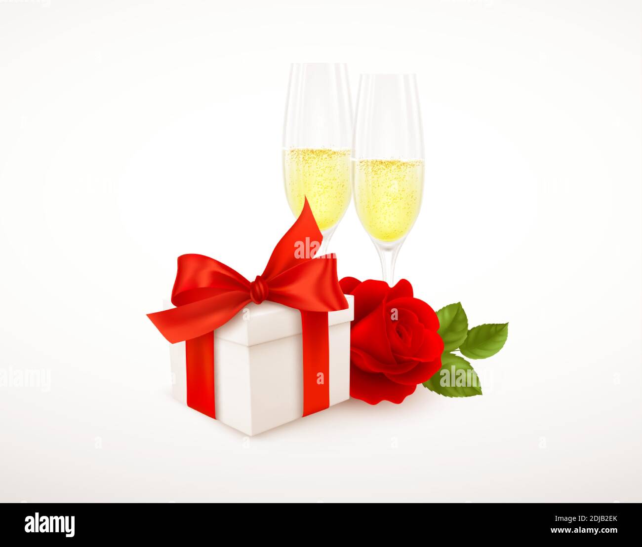 Scatola regalo bianca realistica con nastro di prua rosso, due bicchieri di champagne e rosa rossa isolata su sfondo bianco. Elemento di design per Happy Valentines Illustrazione Vettoriale