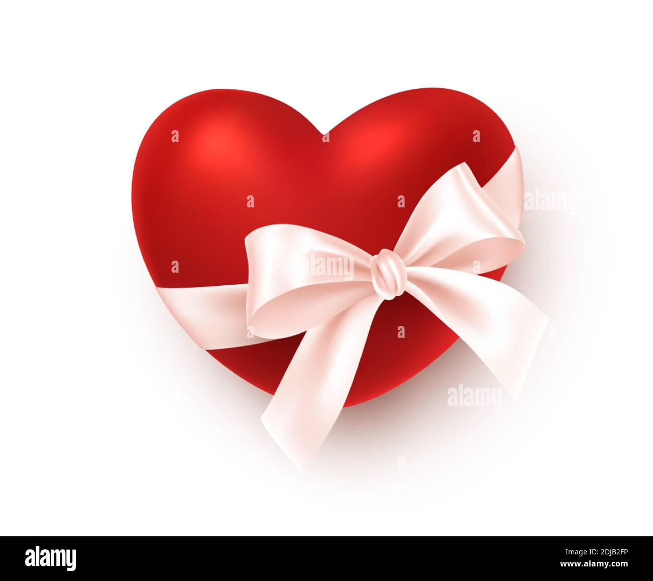 Cuore rosso realistico con archetto di seta bianco isolato su sfondo bianco. Elemento di design festivo per i saluti felici del giorno di San Valentino. Vettore Illustrazione Vettoriale