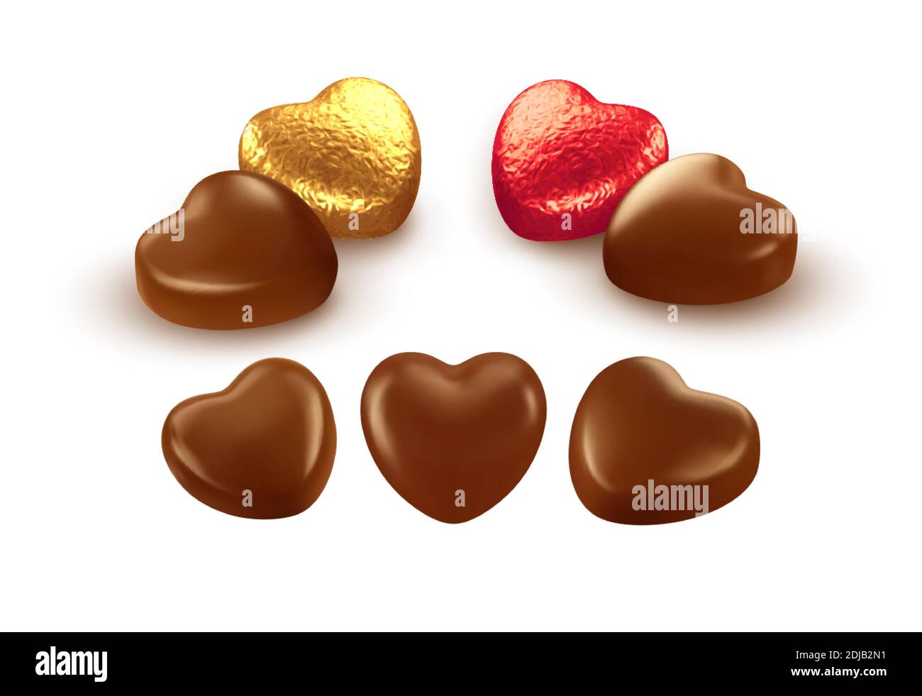 Set di cioccolatini realistici a forma di cuore avvolti in una confezione di caramelle in lamina. Elemento di design festivo per Happy Valentines Day. Illustrazione vettoriale Illustrazione Vettoriale