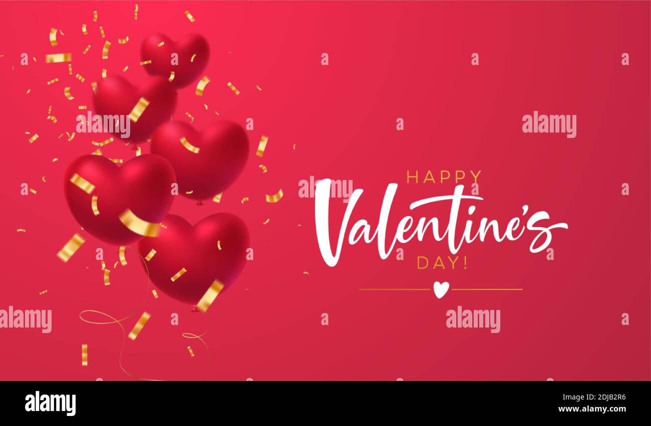 Palloncini rossi scintillanti a forma di cuore con scritta in confetti dorati e scintillanti Happy San Valentino su sfondo rosso. Illustrazione vettoriale Illustrazione Vettoriale