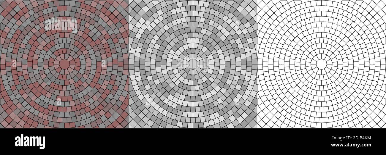Serie vettoriale di trame di pavimentazione rotonde senza giunture di piastrelle stradali. Cerchi ripetizioni di sfondo di materiale di pietra cobble radiale Illustrazione Vettoriale