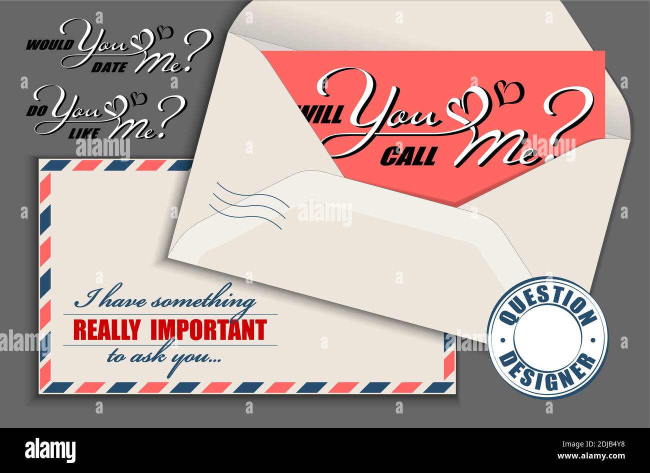 Calligrafia disegnata a mano con copy space card e busta vintage. Costruttore mockup vettoriale di domande. Mi chiamerai. Si datano m Illustrazione Vettoriale