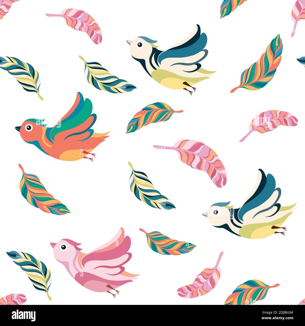 uccelli e piume senza cuciture su sfondo bianco. Illustrazione Vettoriale