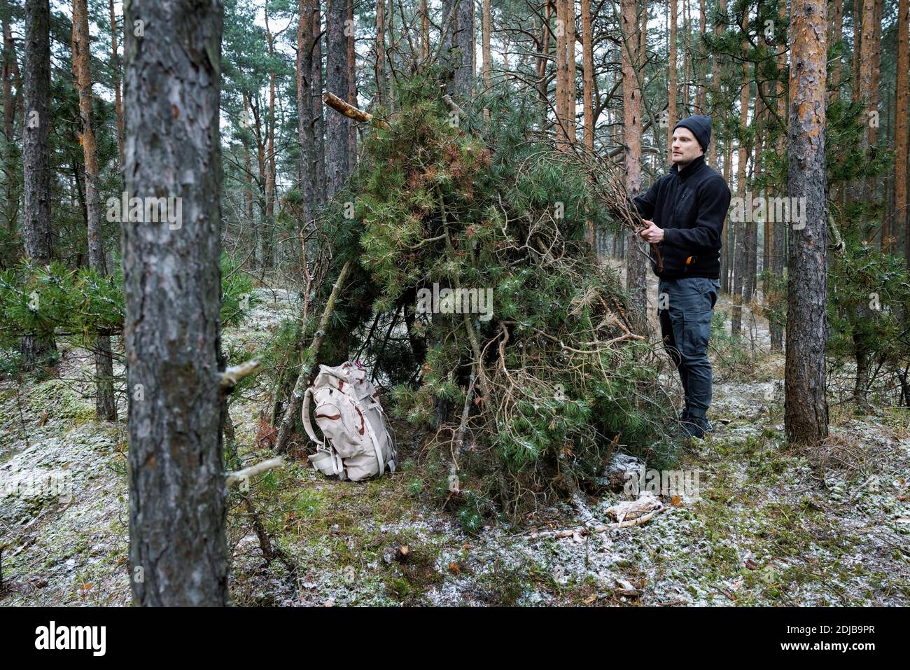 campo di sopravvivenza deserto - uomo che costruisce capanna ramo albero dentro foresta in inverno Foto Stock