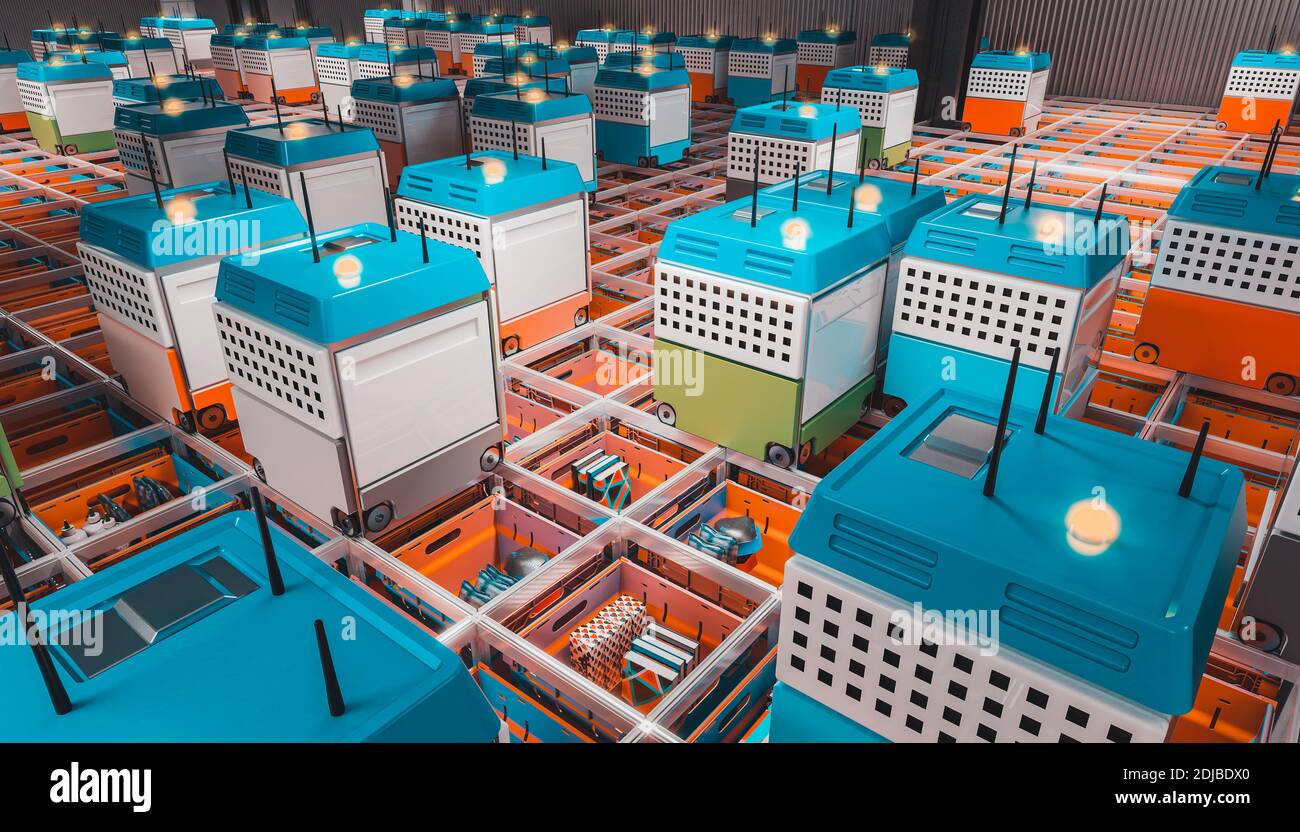 automazione di un moderno magazzino. concetto di logistica e distribuzione. rendering 3d. nessuno intorno. Foto Stock