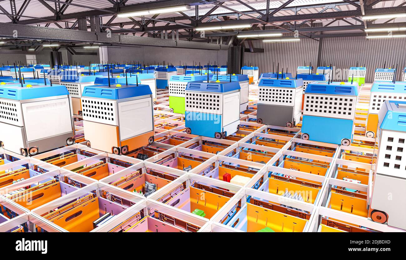 interno di un magazzino completamente automatizzato per la distribuzione dei prodotti. concetto logistico moderno. rendering 3d. Foto Stock