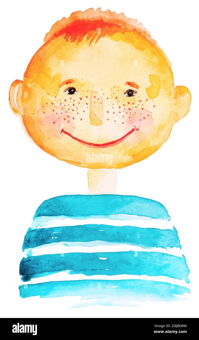 Ritratto di ragazzo sorridente e luminoso con capelli rossi isolati su bianco. Illustrazione di acquerello disegnata a mano. Foto Stock