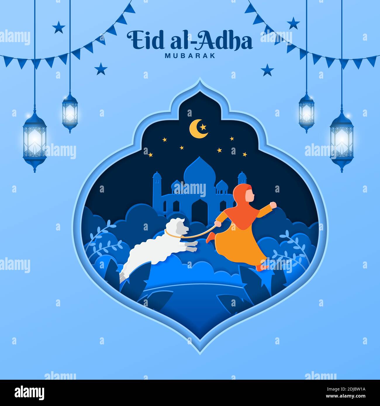 Illustrazione del concetto di biglietto d'auguri EID al-Adha in stile di taglio della carta con la ragazza musulmana portare pecore per sacrificio Illustrazione Vettoriale