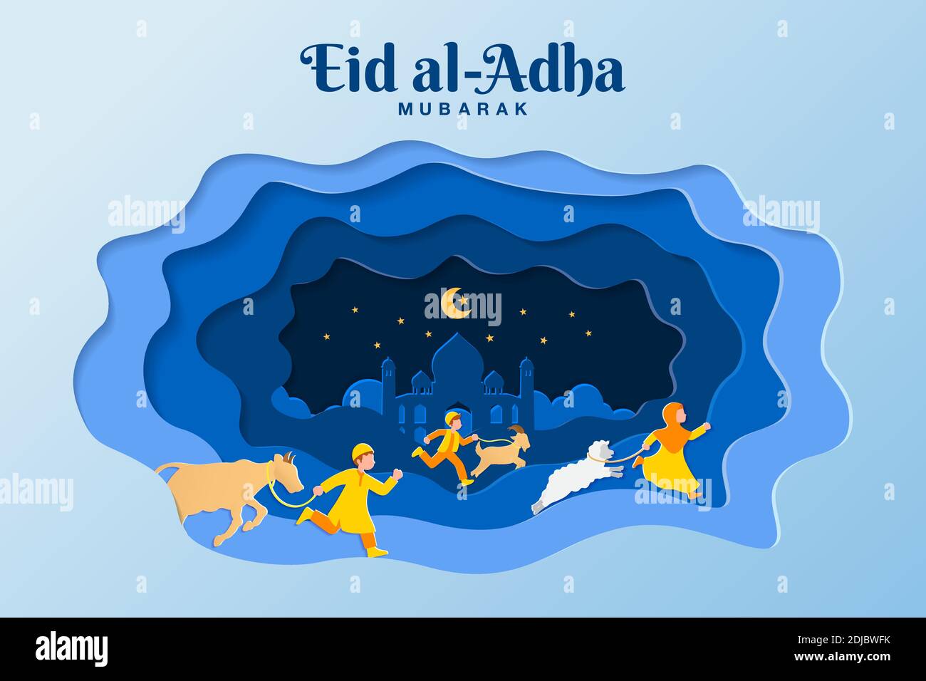 EID al-Adha biglietto d'auguri illustrazione di concetto in stile di taglio di carta con i capretti portano capra, pecora e bestiame per sacrificio Illustrazione Vettoriale