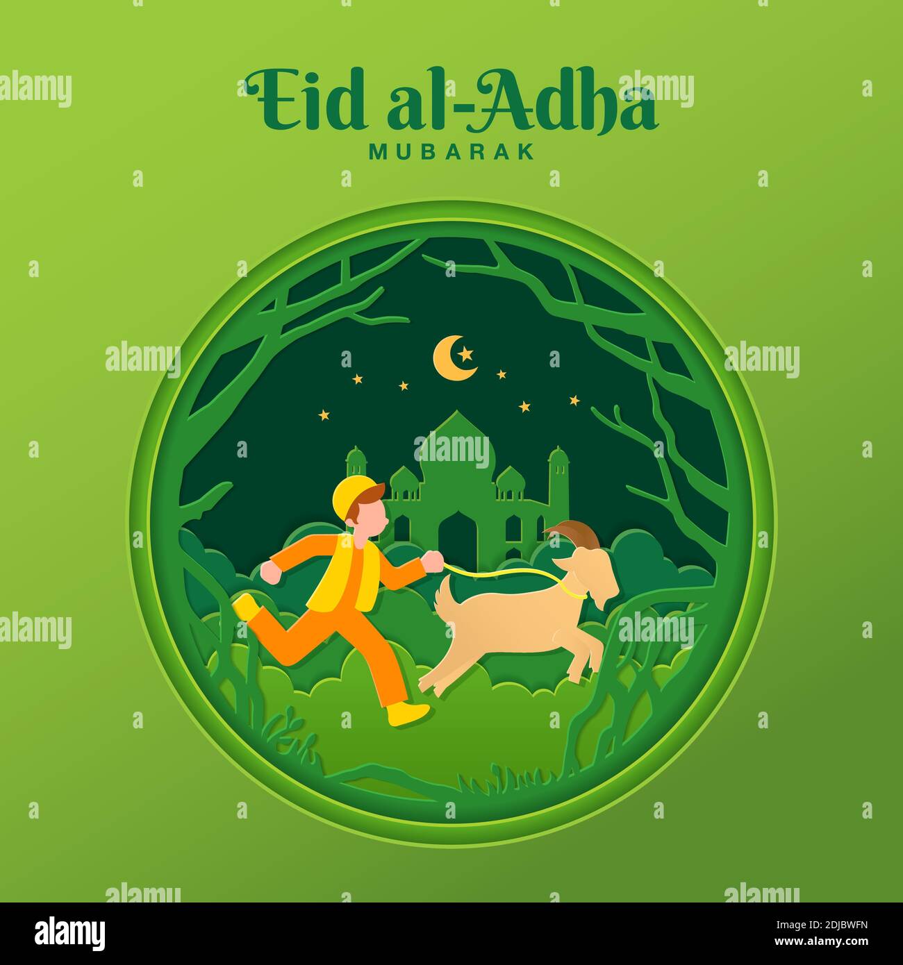 Illustrazione del concetto di biglietto d'auguri EID al-Adha in stile di taglio della carta con il ragazzo musulmano portare capra per sacrificio Illustrazione Vettoriale