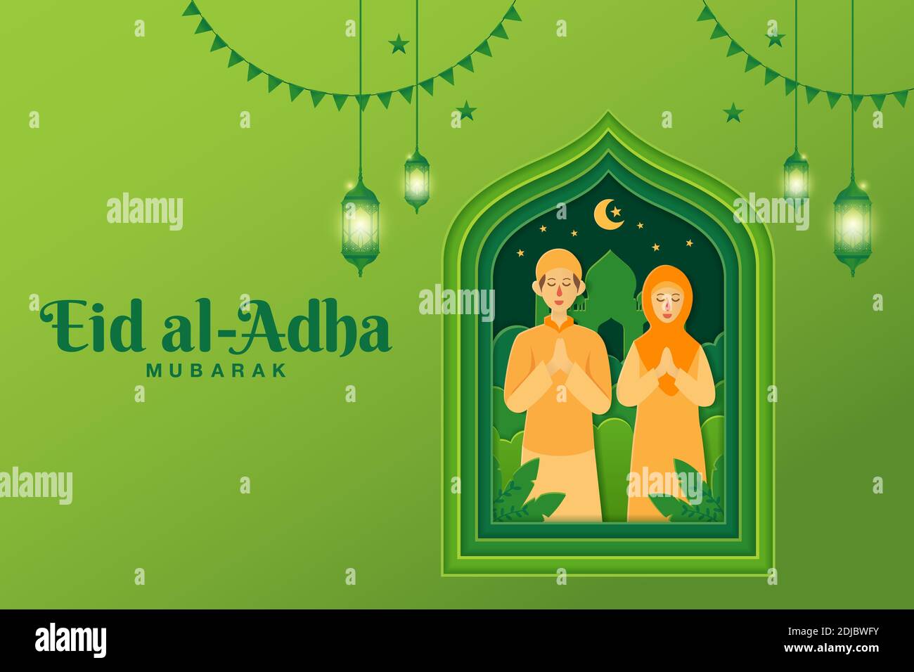 Illustrazione del concetto di biglietto d'auguri EID al-Adha in stile di taglio della carta Con fumetto musulmano coppia benedicente Eid al-Adha con moschea AS sfondo Illustrazione Vettoriale
