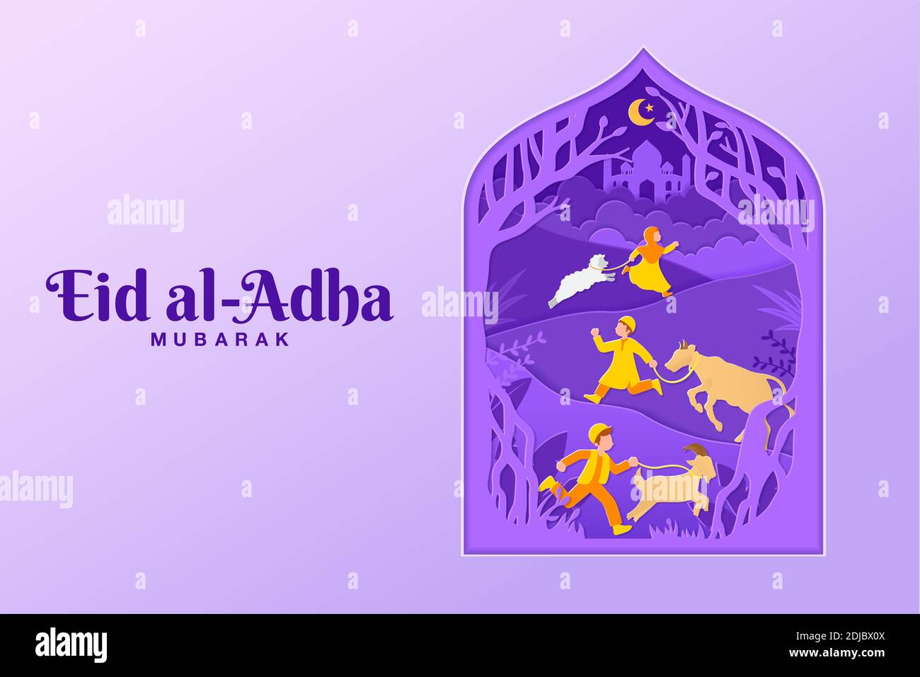 EID al-Adha biglietto d'auguri illustrazione di concetto in stile di taglio di carta con i capretti portano capra, pecora e bestiame per sacrificio Illustrazione Vettoriale
