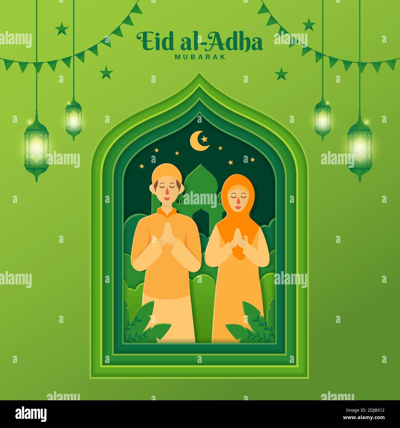 Illustrazione del concetto di biglietto d'auguri EID al-Adha in stile di taglio della carta Con fumetto musulmano coppia benedicente Eid al-Adha con moschea AS sfondo Illustrazione Vettoriale