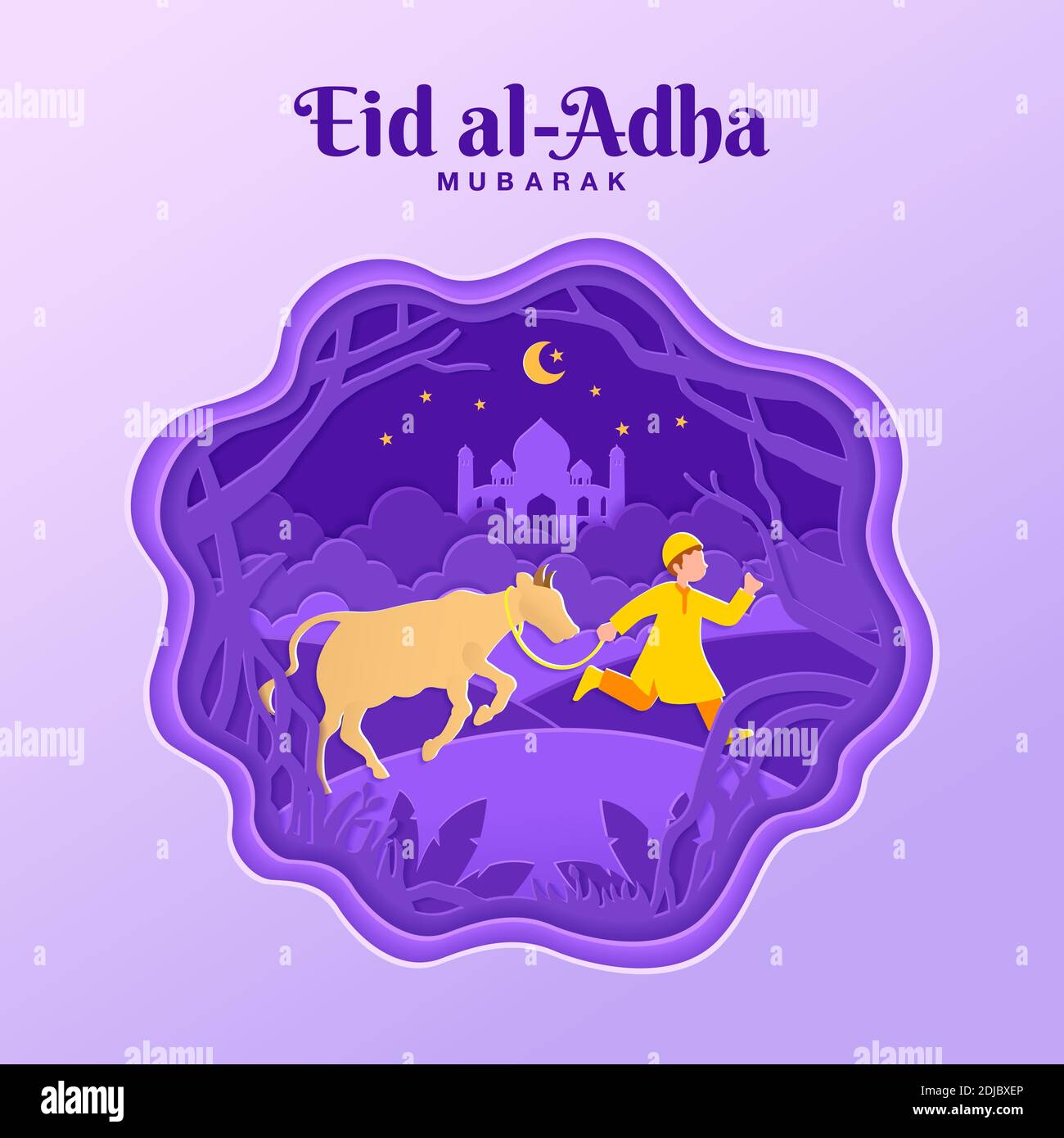 Illustrazione del concetto di biglietto d'auguri EID al-Adha in stile di taglio della carta con il ragazzo musulmano portare bestiame per sacrificio Illustrazione Vettoriale