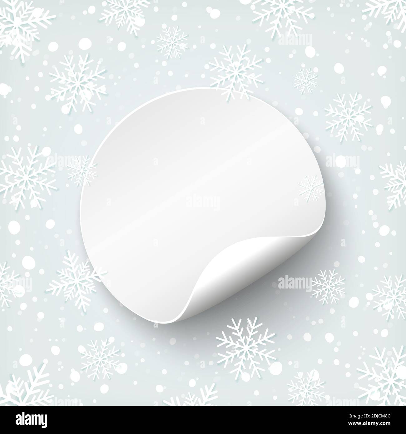 Modello banner rotondo vuoto. Prezzo su sfondo con neve e fiocchi di neve. Illustrazione Vettoriale
