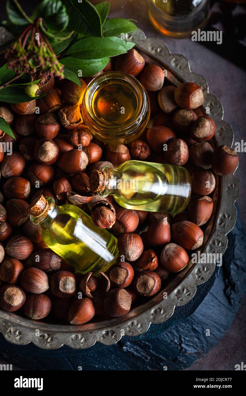 Concetto di oli vegetali organici per la cucina e la cosmetologia. Olio di nocciole e noci fresche. Foto Stock