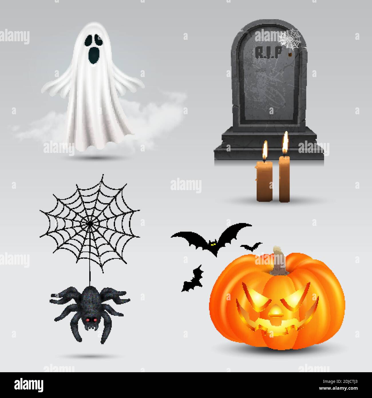 Halloween vettore insieme con zucca, fantasma volante, lapide e ragno isolato su sfondo bianco. Illustrazione Vettoriale