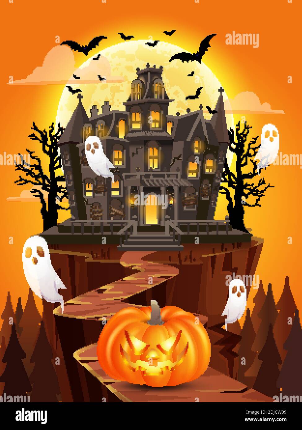 Sfondo Notturno Di Halloween Con Zucca, Casa Infestata E Luna Illustrazione Vettore Image123866234
