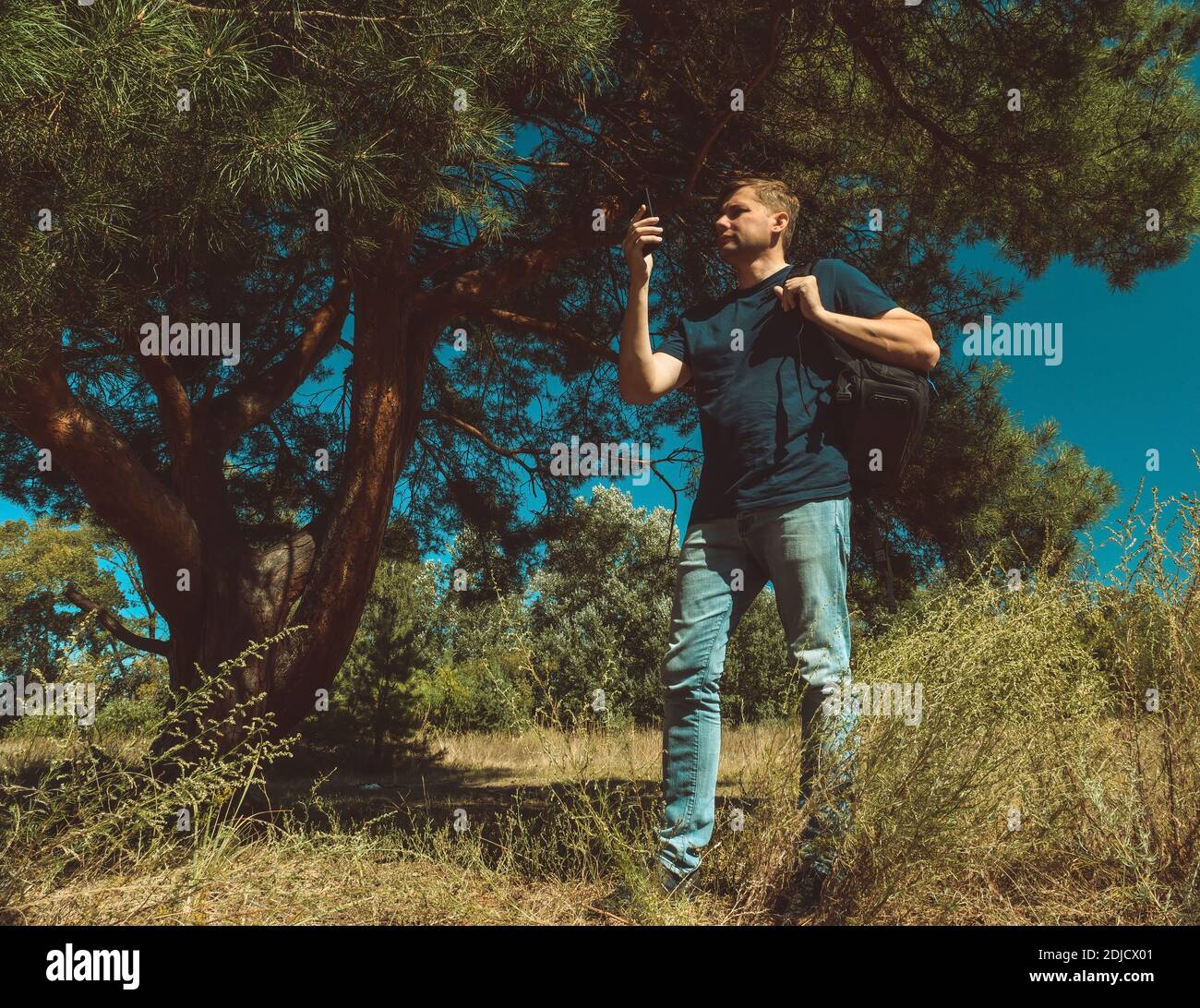 Trovare la direzione giusta. Un turista con uno zaino nella foresta è alla ricerca di un percorso lungo il gps. Foto Stock