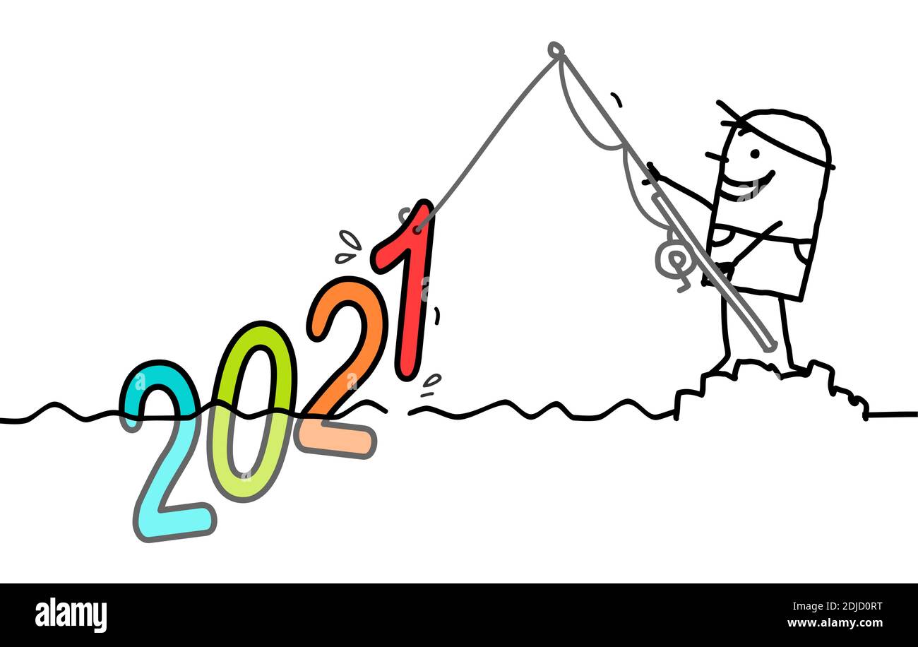 Mano disegnata Cartoon Man pesca un grande segno colorato 2021 Illustrazione Vettoriale