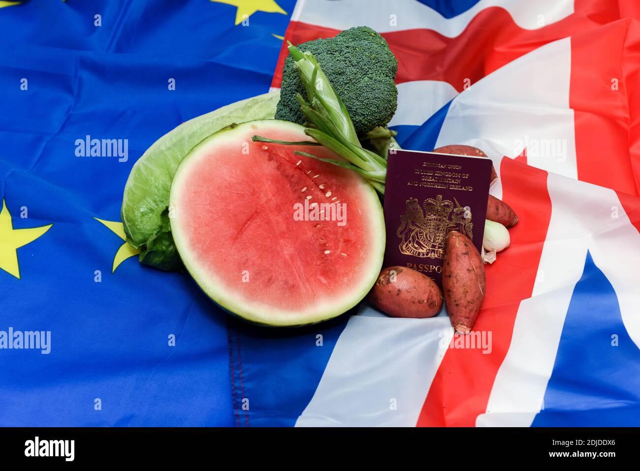 Concetto di importazione alimentare per le leggi brexit e la legislazione sull'importazione Prodotti alimentari dell'Unione europea Foto Stock