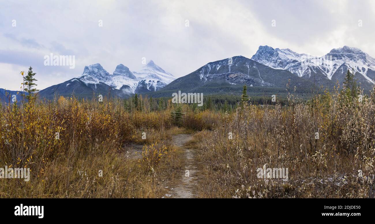 Innevate le tre cime del trio delle Sorelle e il monte Lawrence grassi in autunno. Splendido paesaggio naturale a Canmore, Canadian Rockies Foto Stock