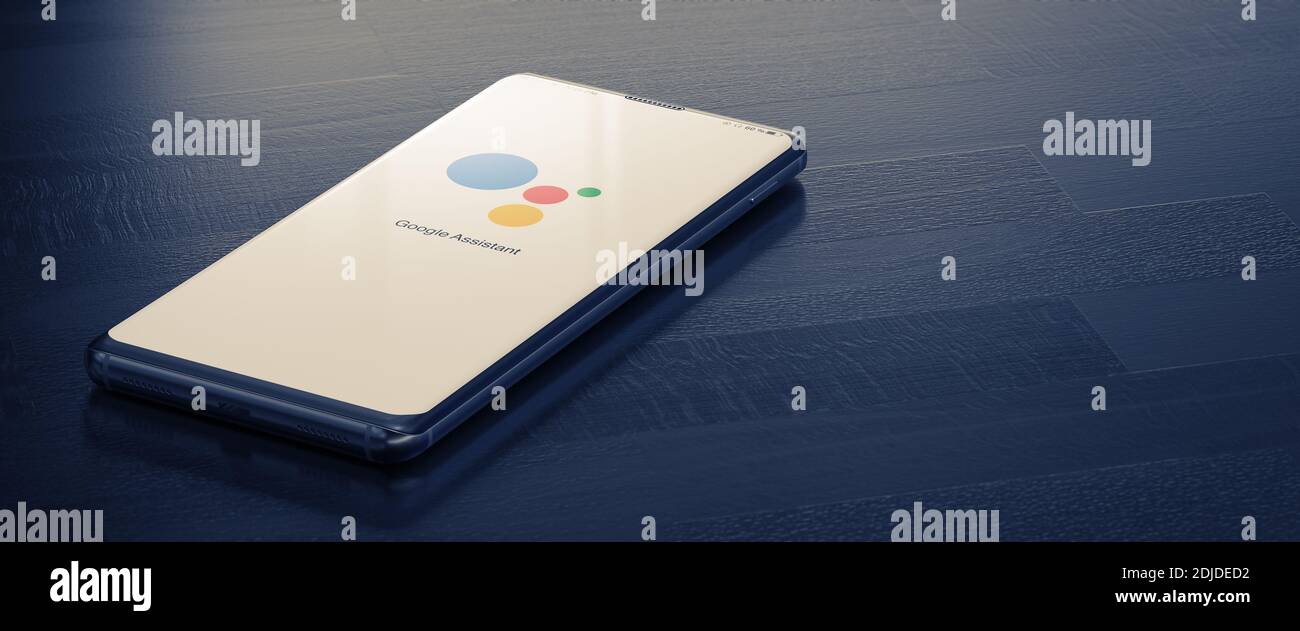 KIEV, UCRAINA-DICEMBRE, 2020: Applicazione Google Assistant sullo schermo dello smartphone. Primo piano Studio Shot Foto Stock