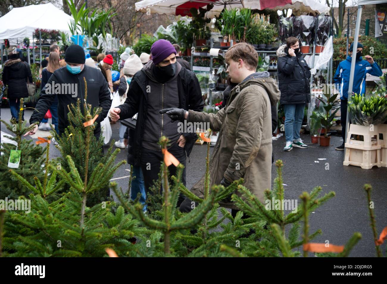 Londra Dicembre 2020. Columbia Road, Tower Hamlets. Mercato dei fiori della domenica. Vendere alberi di Natale. Foto Stock