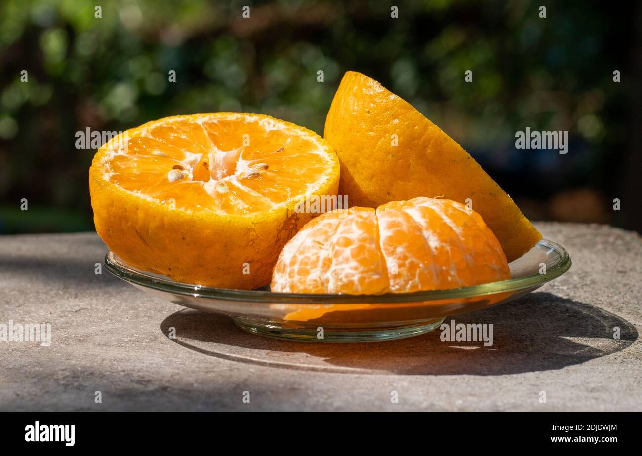tre pezzi di arancio a metà taglio, in un piatto Foto Stock