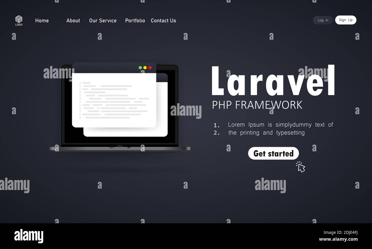 Imparare a codificare Laravel PHP Framework linguaggio di programmazione sullo schermo del portatile, programmazione linguaggio di illustrazione codice. Vettore su sfondo bianco isolato Illustrazione Vettoriale