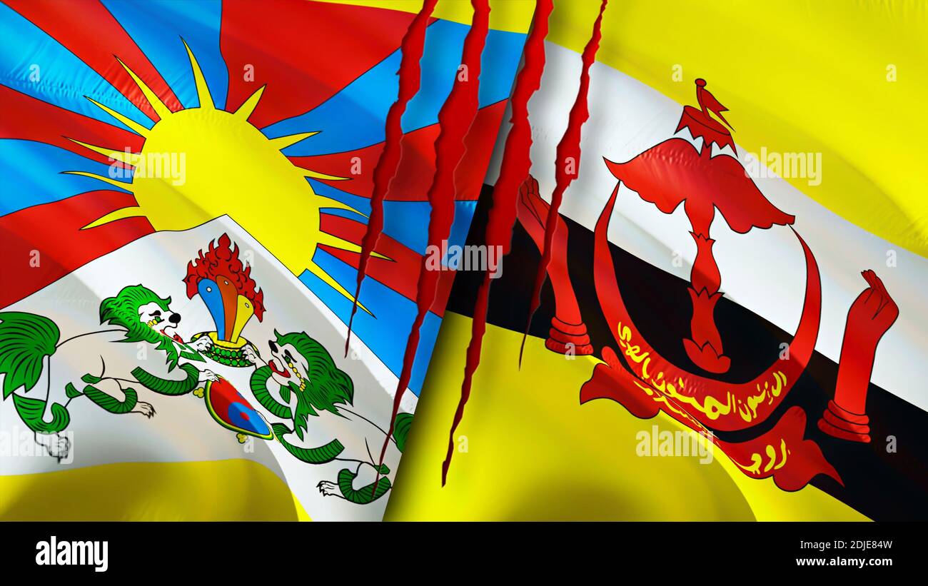 Bandiere del Tibet e del Brunei. Progettazione di bandiere ondulate 3D. Tibet Brunei bandiera, foto, sfondo. Immagine Tibet vs Brunei,rendering 3D. Tibet Brunei relazioni allia Foto Stock