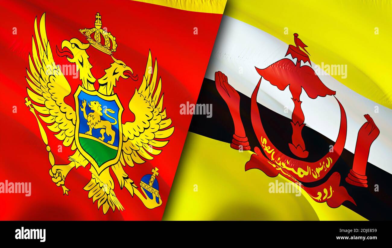 Bandiere del Montenegro e del Brunei. Progettazione di bandiere ondulate 3D. Montenegro Brunei bandiera, foto, sfondo. Immagine Montenegro vs Brunei, rendering 3D. Montenegro Fr Foto Stock