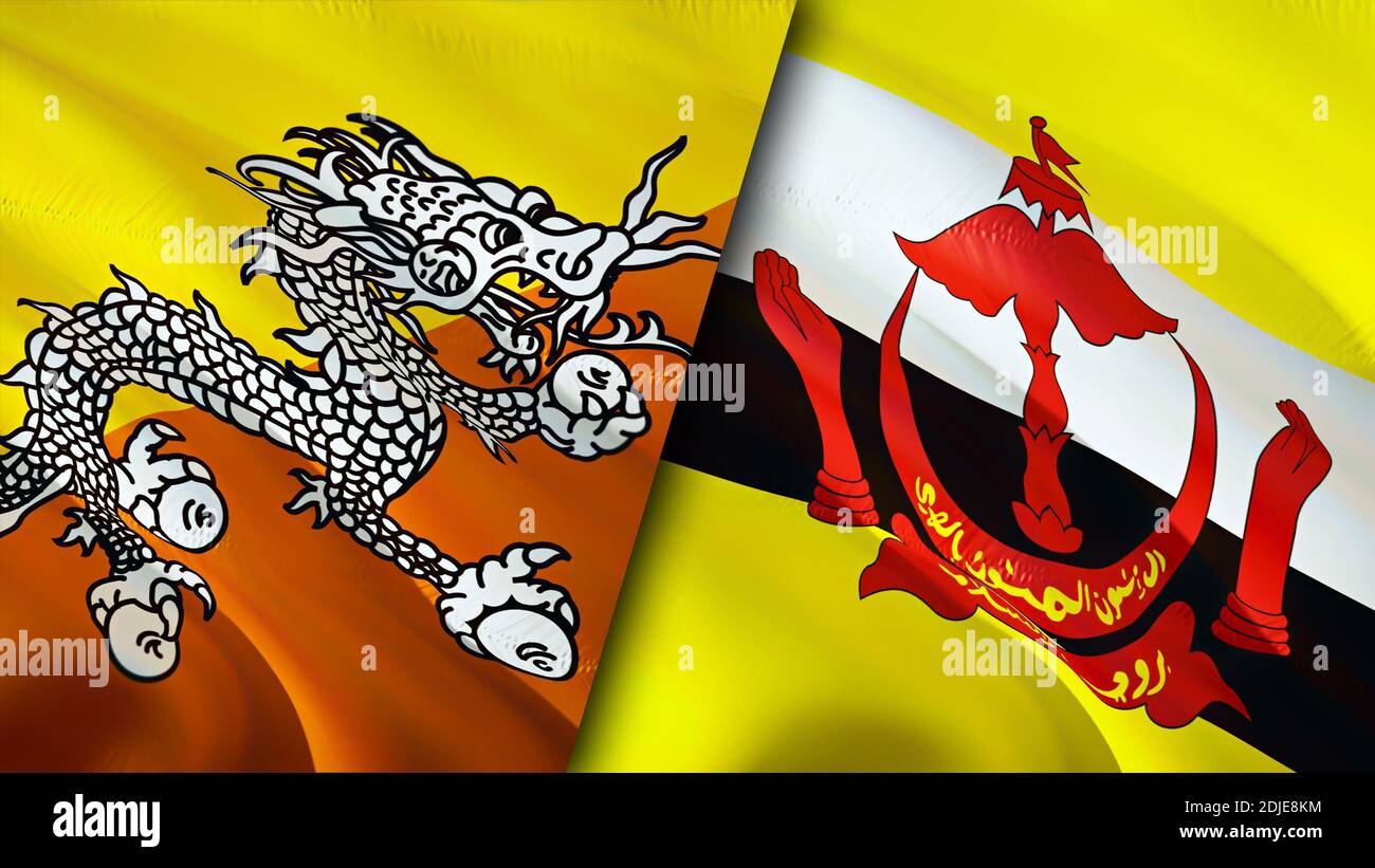 Bandiere del Bhutan e del Brunei. Progettazione di bandiere ondulate 3D. Bandiera del Bhutan Brunei, foto, sfondo. Immagine Bhutan vs Brunei, rendering 3D. Bhutan Brunei relazioni a Foto Stock