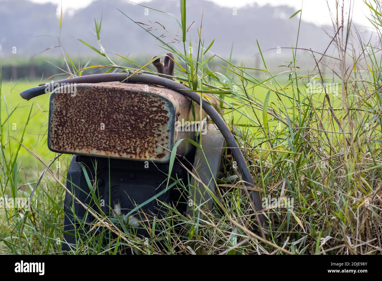 Vecchia pompa di acqua arrugginita rovinata nel campo agricolo all'interno la giungla Foto Stock