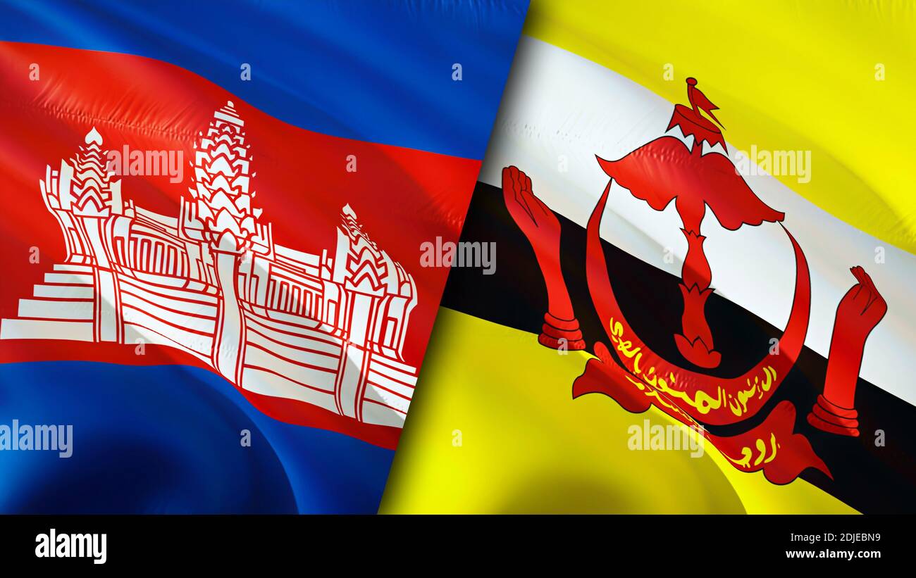 Bandiere della Cambogia e del Brunei. Progettazione di bandiere ondulate 3D. Cambogia Brunei bandiera, foto, sfondo. Immagine Cambogia vs Brunei, rendering 3D. Cambogia Brunei rel Foto Stock