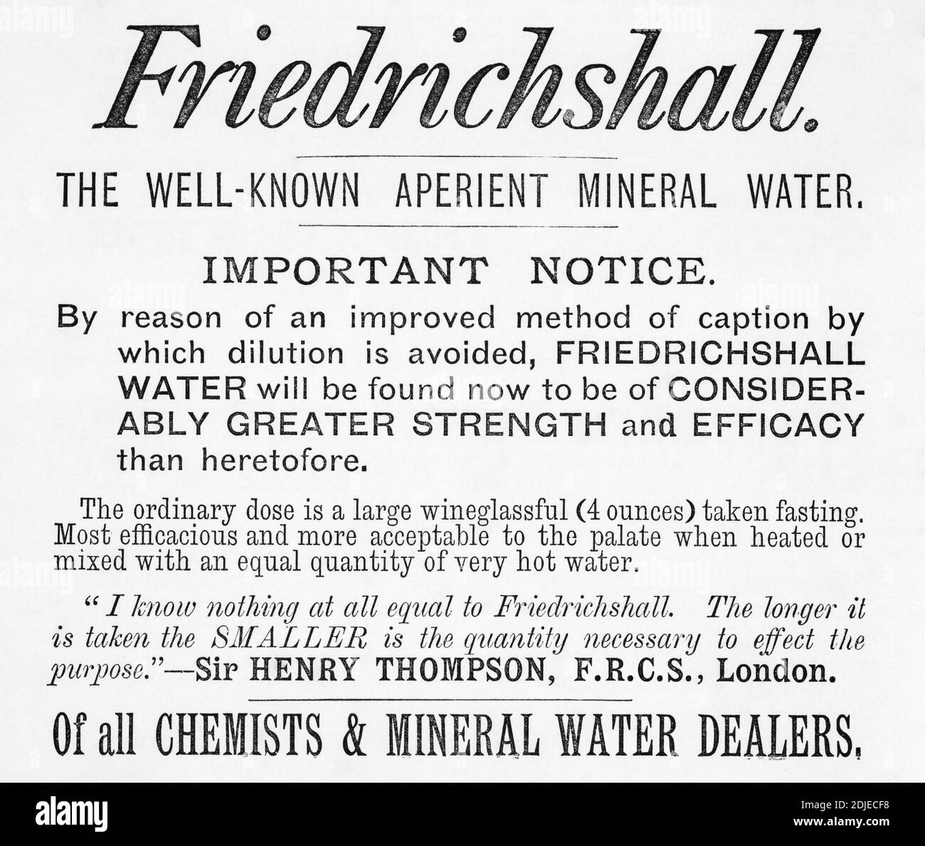 Pubblicità vittoriana del 1886 che promuove un'acqua minerale come opzione di salute. Analisi della qualità dell'acqua e problemi di salute nelle famiglie domestiche dei vecchi tempi Foto Stock