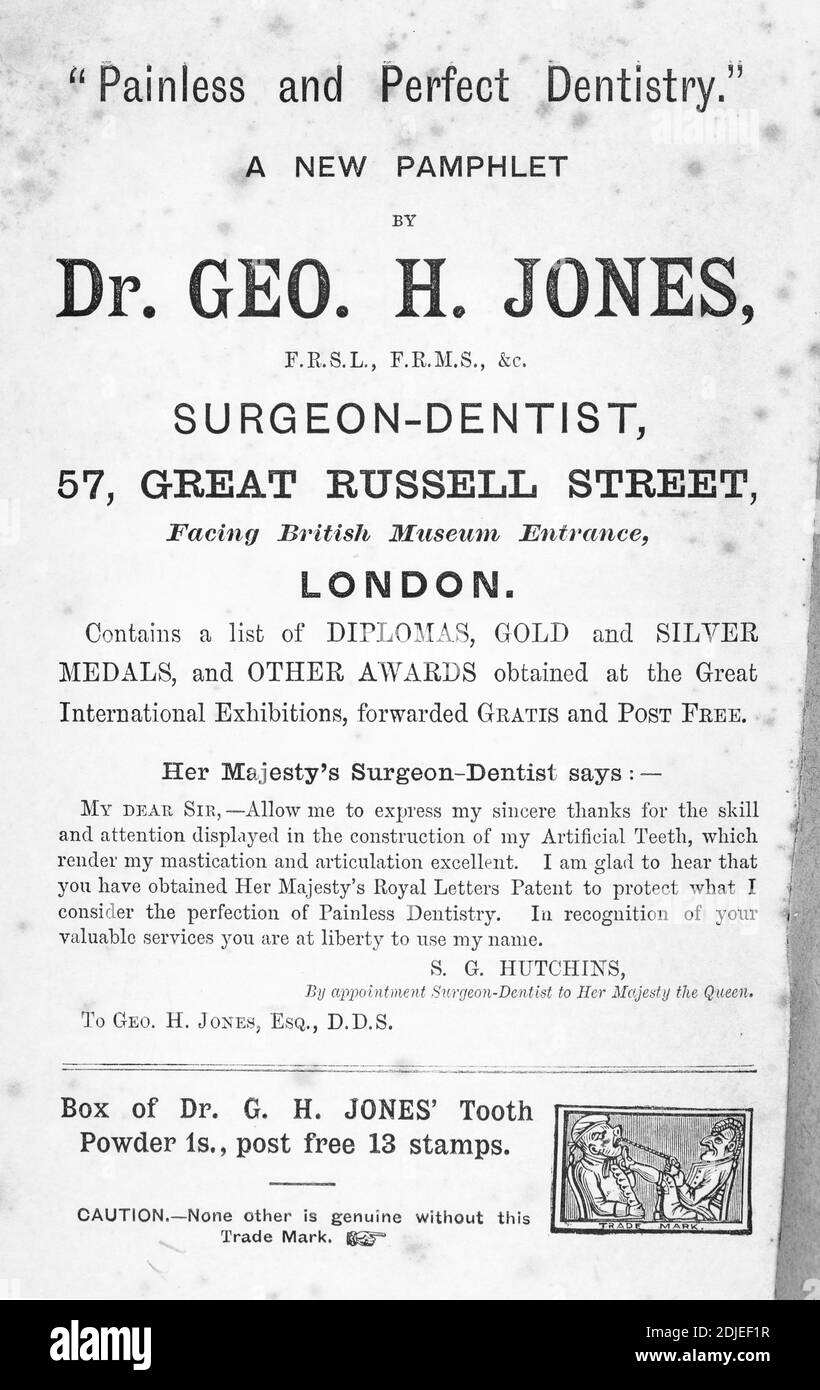 1886 Pubblicità stampata per un dentista londinese, / chirurgo dentale che sta anche vendendo dentifricio in polvere (molto fondo di ad). Pagina non stampata. Foto Stock