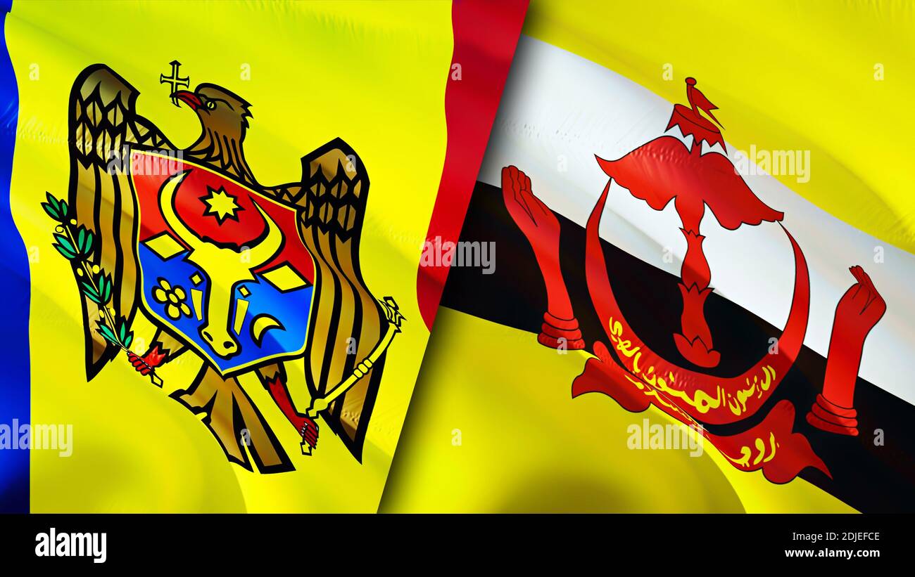 Bandiere della Moldavia e del Brunei. Progettazione di bandiere ondulate 3D. Moldavia Brunei bandiera, foto, sfondo. Moldavia vs Brunei immagine,rendering 3D. Moldavia Brunei relatio Foto Stock