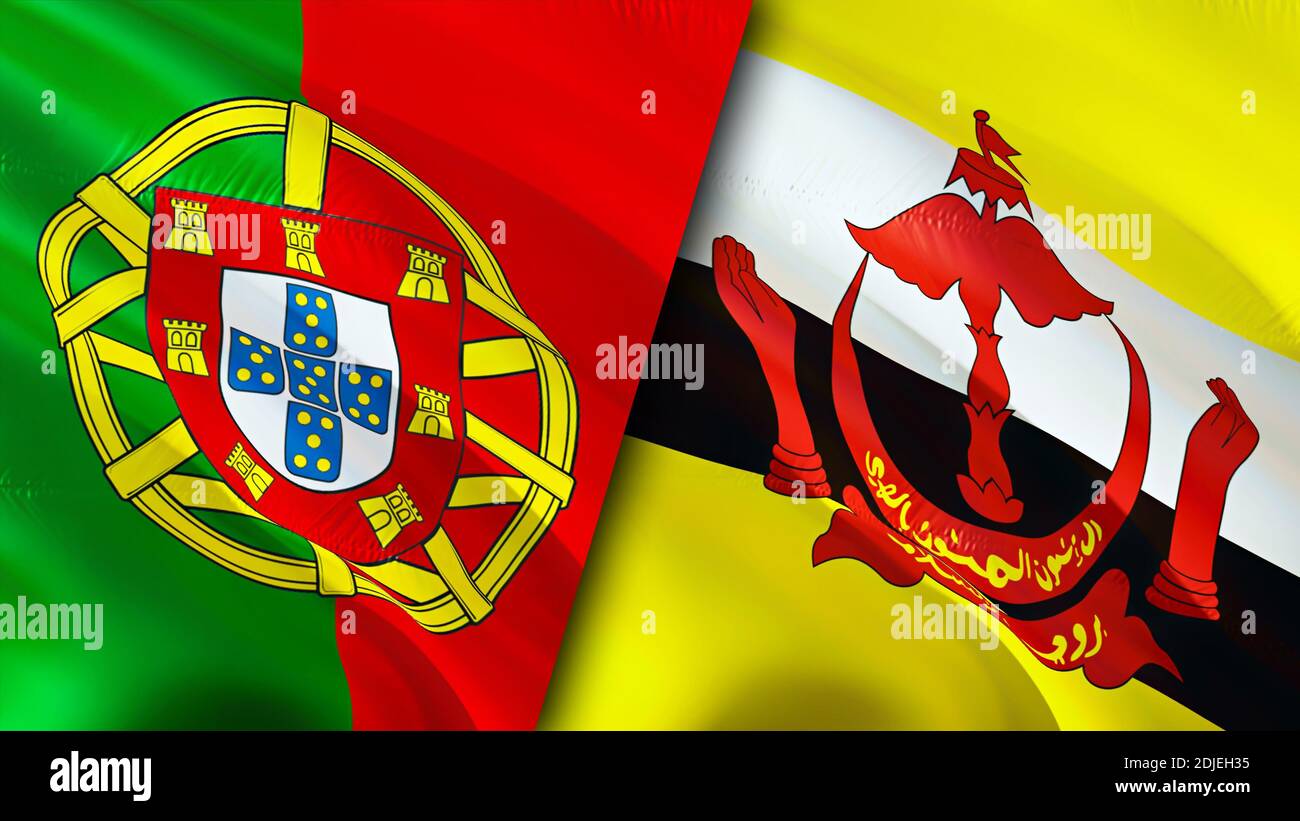 Bandiere del Portogallo e del Brunei. Progettazione di bandiere ondulate 3D. Portogallo Brunei bandiera, foto, sfondo. Immagine Portogallo vs Brunei,rendering 3D. Portogallo Brunei rel Foto Stock