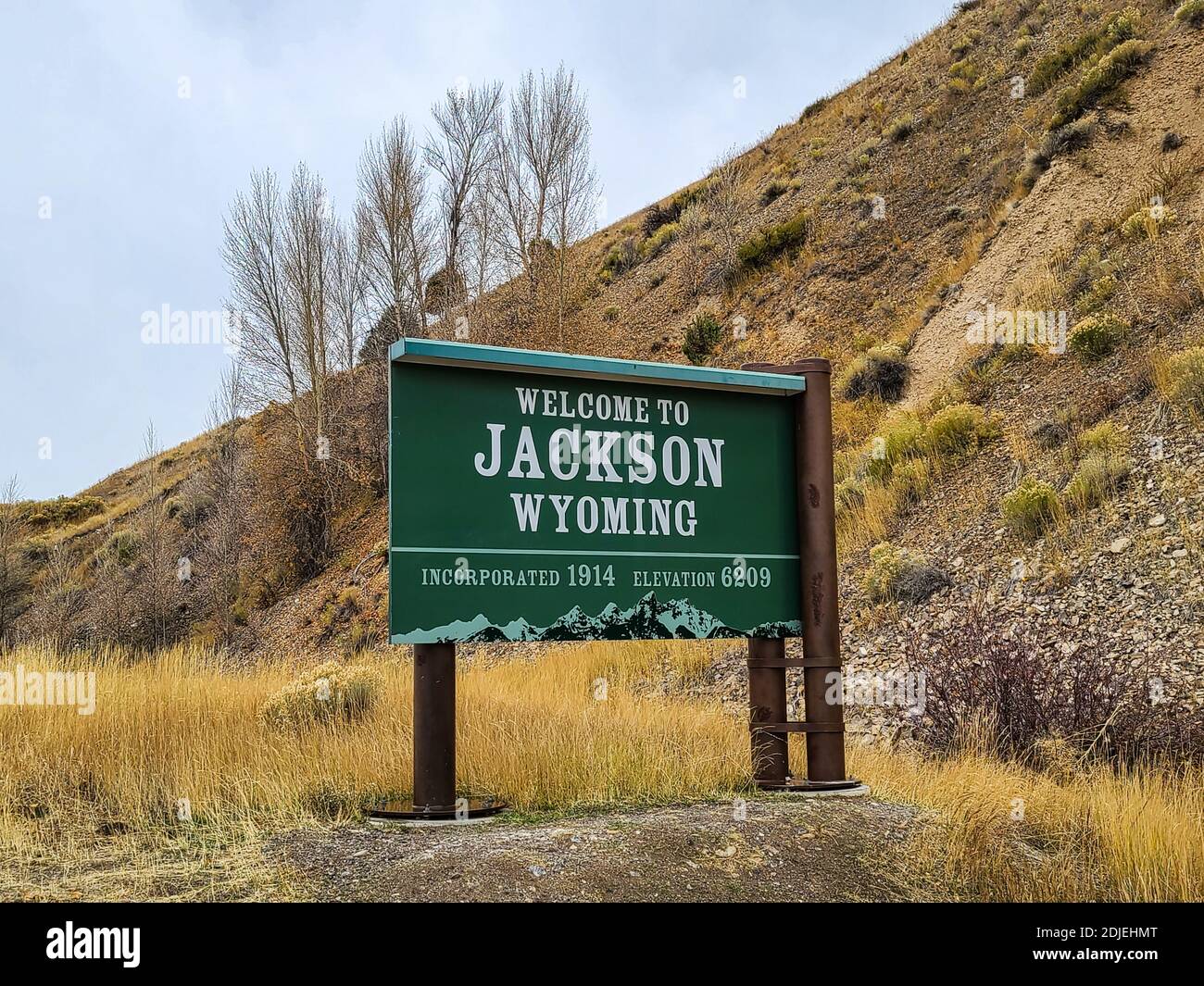 Jackson, Wyoming segno in popolare località sciistica di Jackson Hole Valley Foto Stock