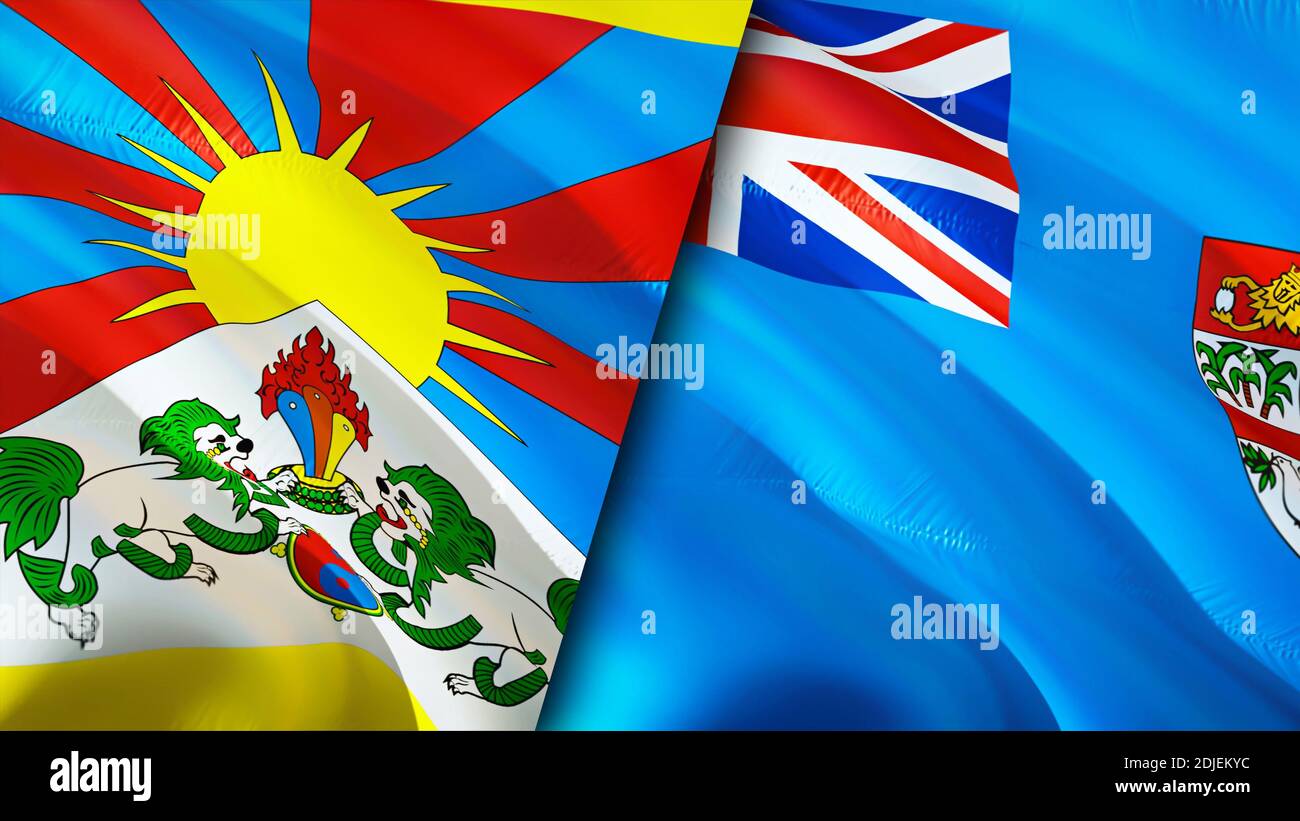 Bandiere Tibet e Figi con concetto di cicatrice. Flag di ondulazione, rendering 3D. Concetto di conflitto tra Tibet e Figi. Tibet concetto delle relazioni delle Figi. Bandiera del Tibet e delle Fij Foto Stock
