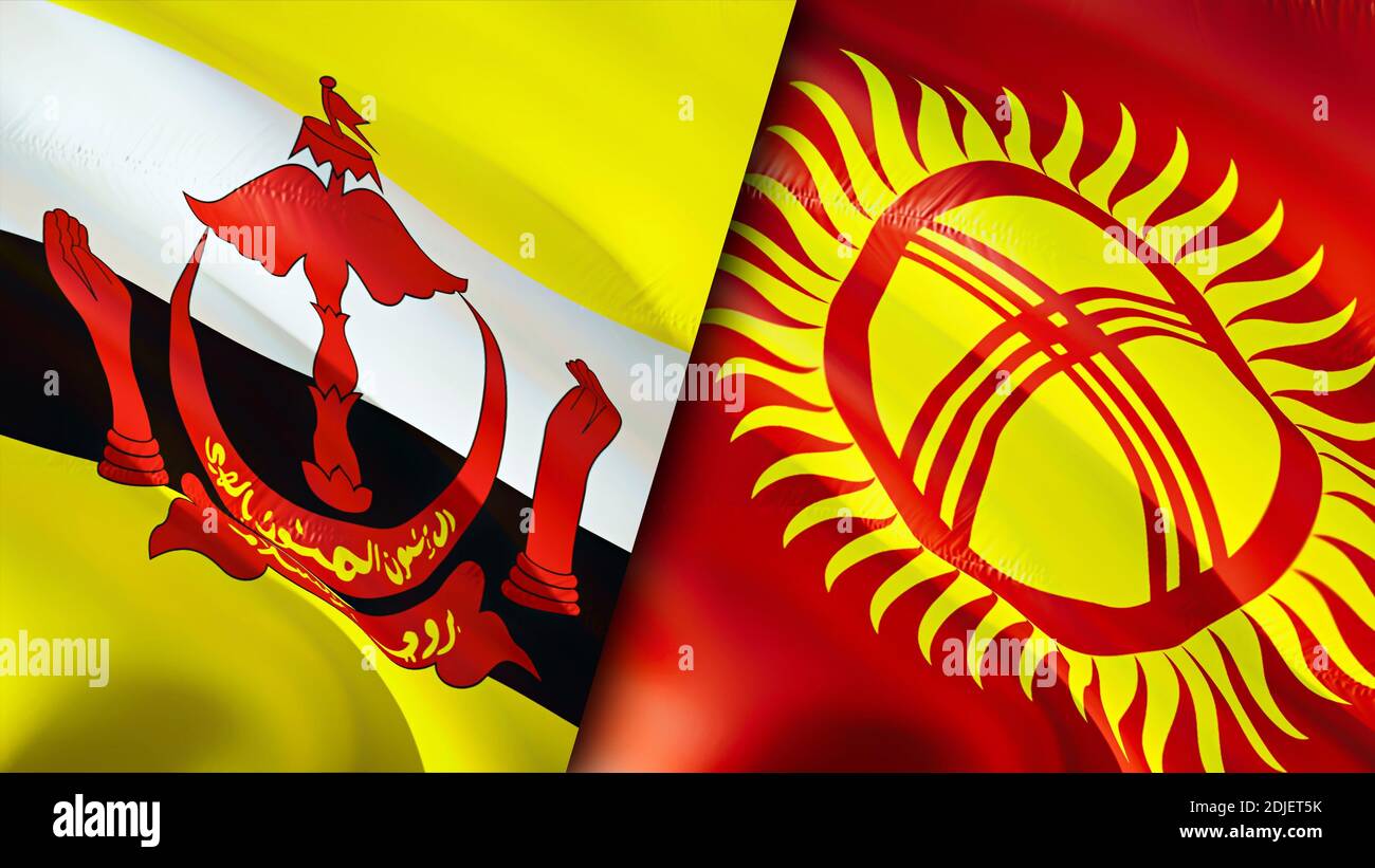 Bandiere del Brunei e del Kirghizistan. Progettazione di bandiere ondulate 3D. Brunei Kirghizistan bandiera, foto, sfondo. Immagine Brunei vs Kirghizistan,rendering 3D. Brunei Kirghizistan Foto Stock