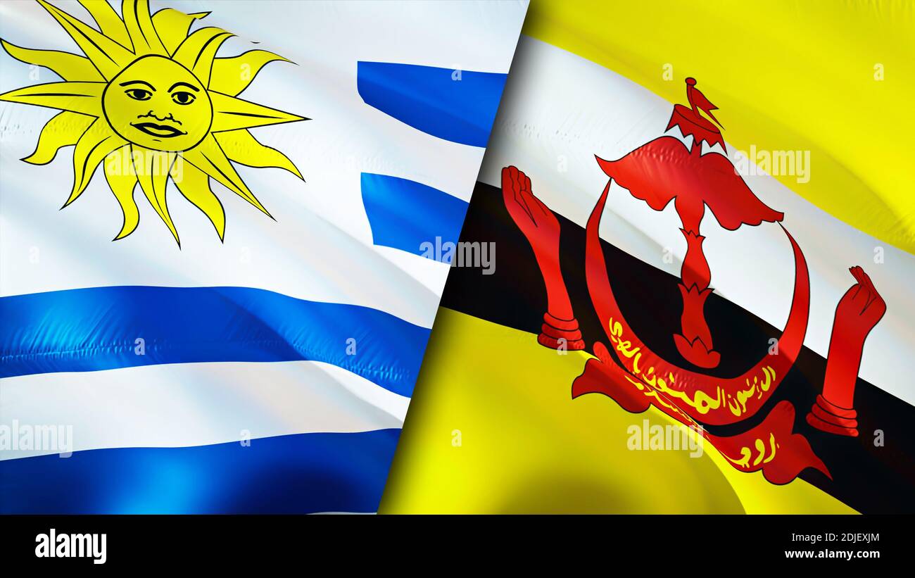 Bandiera dell'Uruguay e del Brunei. Progettazione di bandiere ondulate 3D. Bandiera, foto, sfondo dell'Uruguay Brunei. Immagine Uruguay vs Brunei, rendering 3D. Uruguay Brunei relatio Foto Stock