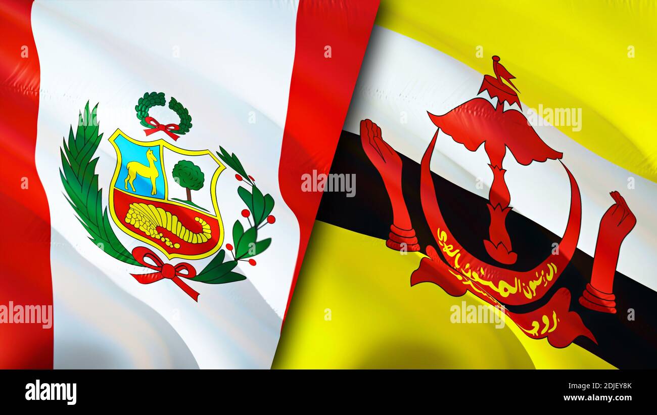 Bandiere del Perù e del Brunei. Progettazione di bandiere ondulate 3D. Perù Brunei bandiera, foto, sfondo. Immagine Perù vs Brunei,rendering 3D. Perù Brunei relazioni alleanza Foto Stock