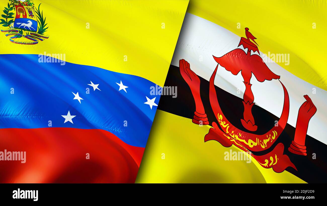 Bandiere del Venezuela e del Brunei. Progettazione di bandiere ondulate 3D. Venezuela Brunei bandiera, foto, sfondo. Immagine Venezuela vs Brunei,rendering 3D. Venezuela Brunei Foto Stock