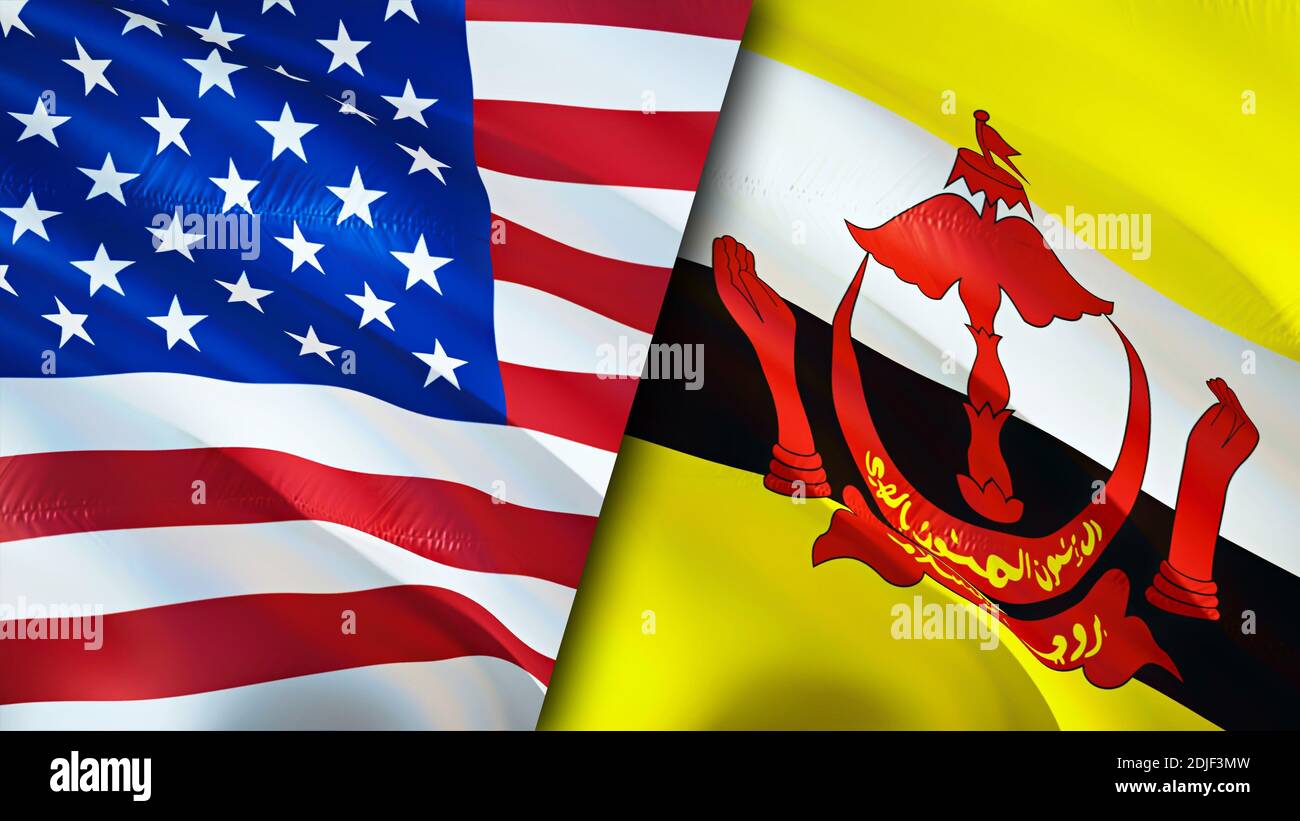 Bandiere USA e Brunei. Progettazione di bandiere ondulate 3D. USA Brunei bandiera, foto, sfondo. USA vs Brunei immagine,rendering 3D. USA Brunei relazioni alleanza e. Foto Stock