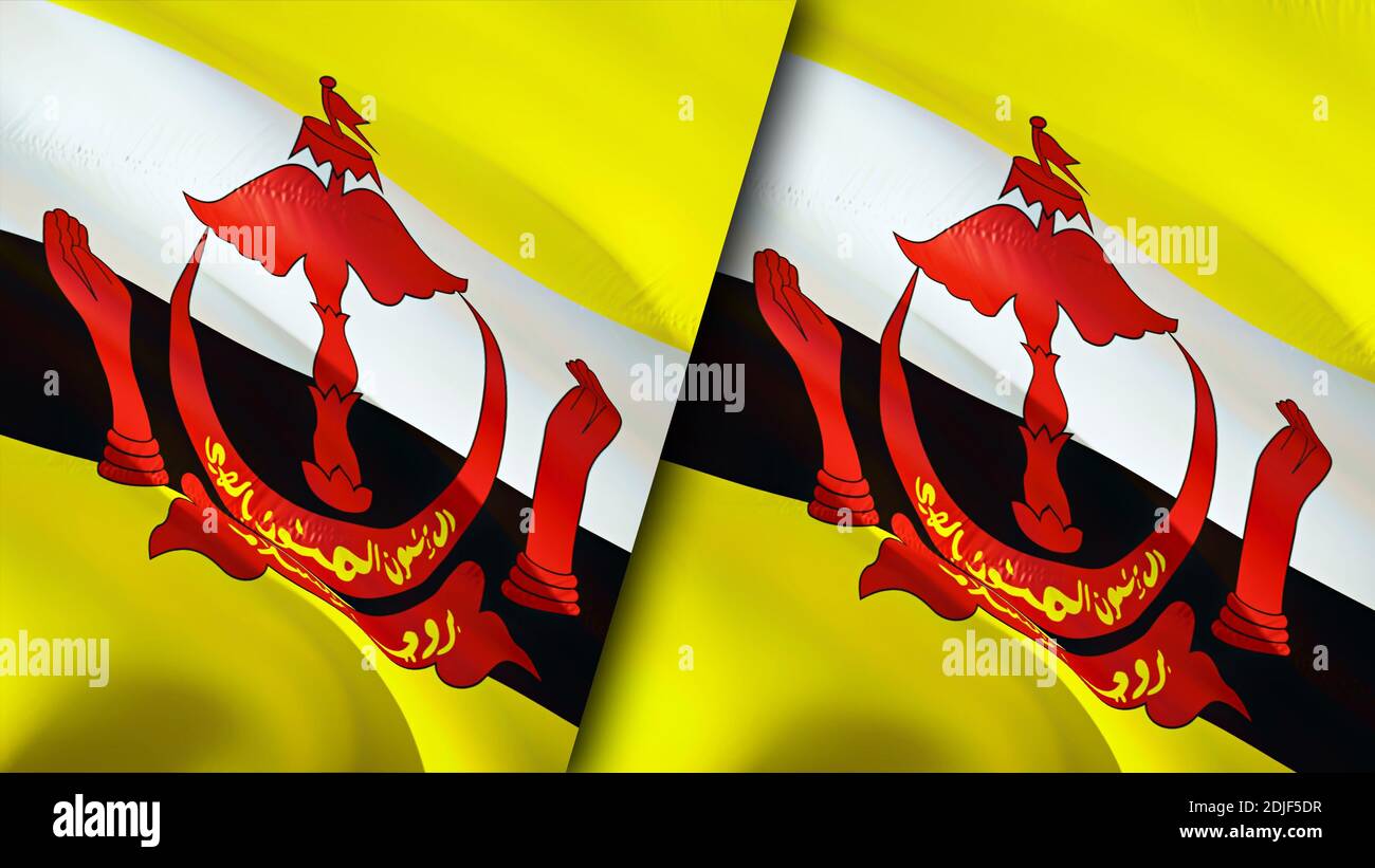 Bandiere Brunei e Brunei. Progettazione di bandiere ondulate 3D. Brunei Brunei bandiera, foto, sfondo. Immagine Brunei vs Brunei,rendering 3D. Brunei Brunei relazioni a Foto Stock